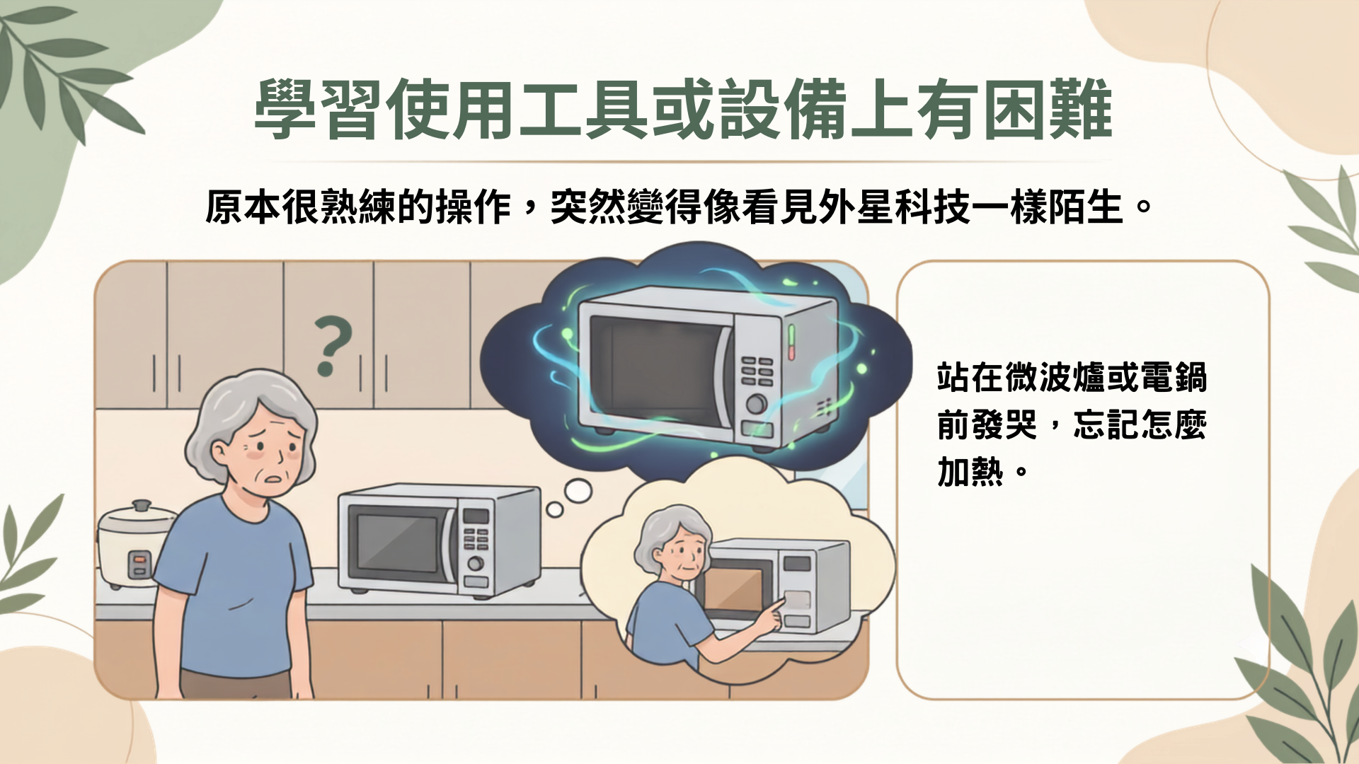 失智症造成學習使用工具或設備上有困難