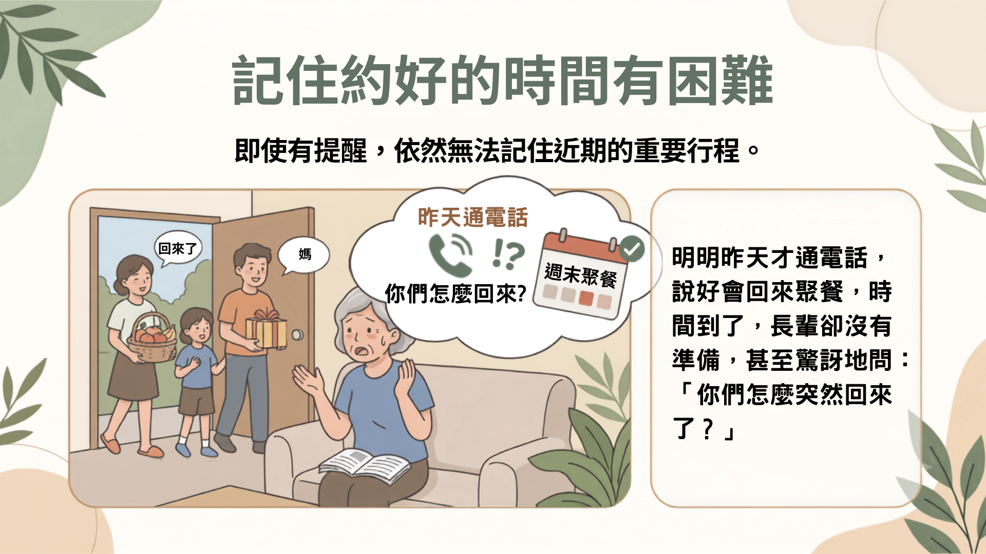 失智症造成記住約好的時間有困難